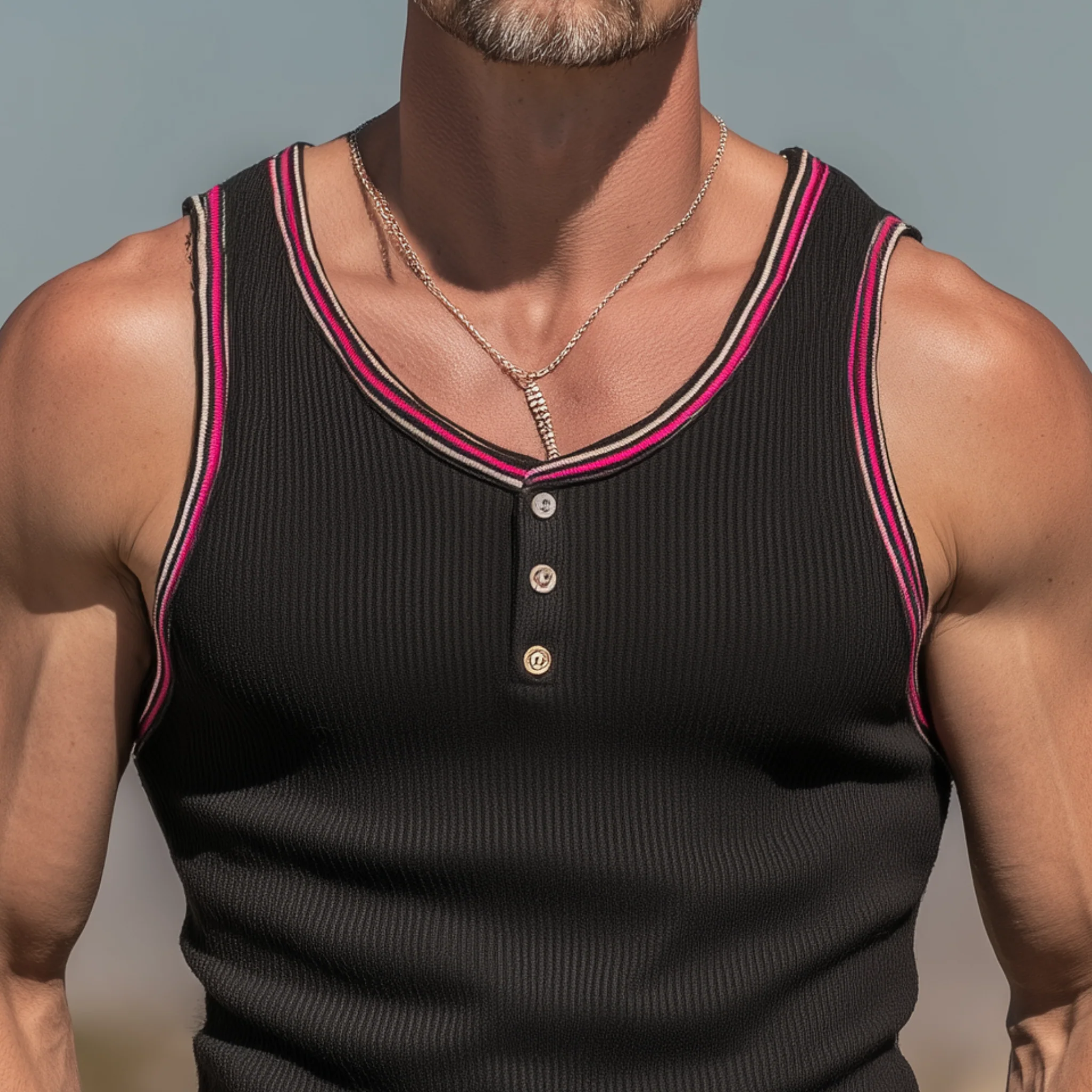 Wallace | Men'S Spring And Summer Fashion Casual Striped Knitted Splicing Colored Ribbon Slim Fit Henley Collar Tank Top - Image 4