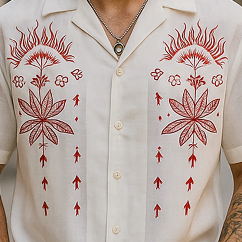 Wallace | Men'S Summer Fashion Embroidery Slub Cotton Short Sleeve Shirt - Image 3