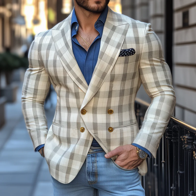 Wallace | Men'S Vintage Elegant Plaid Peaked Lapel Double Breasted Slim Fit Blazer - Image 2