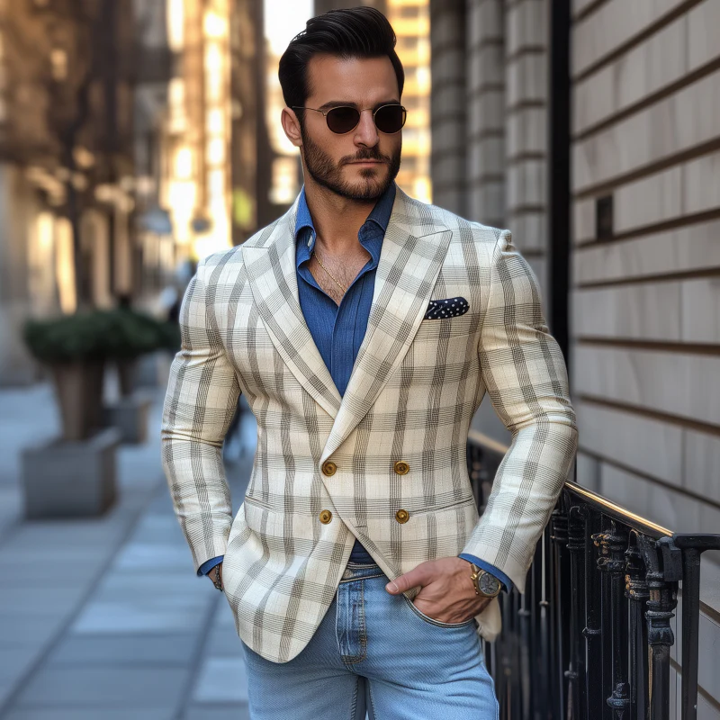Wallace | Men'S Vintage Elegant Plaid Peaked Lapel Double Breasted Slim Fit Blazer - Image 3
