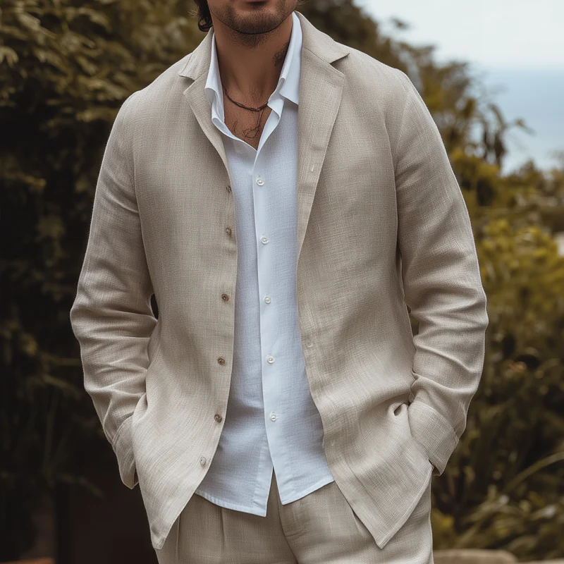 Walter | Men'S Casual Solid Color Breathable Linen Cuban Collar Single Breasted Loose Long Sleeve Shirt - Image 2