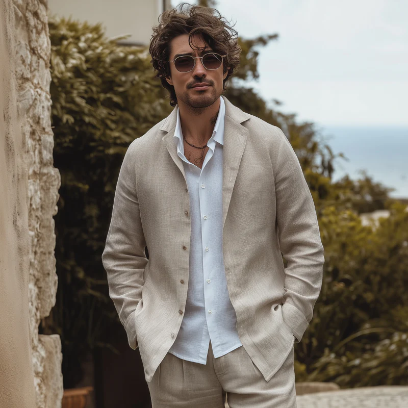 Walter | Men'S Casual Solid Color Breathable Linen Cuban Collar Single Breasted Loose Long Sleeve Shirt - Image 3