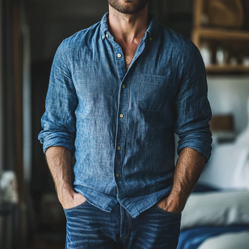 Warren | Men'S Casual Breathable Linen Lapel Patch Pocket Slim Fit Long Sleeve Shirt - Image 2