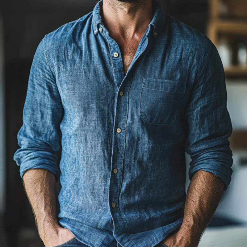 Warren | Men'S Casual Breathable Linen Lapel Patch Pocket Slim Fit Long Sleeve Shirt - Image 3