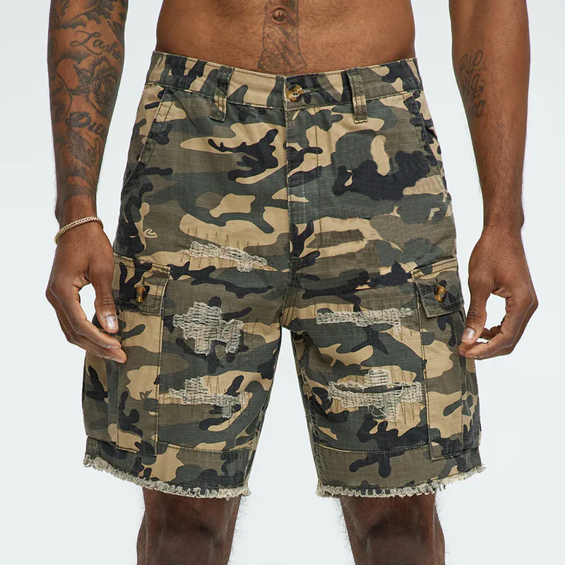 Warren | Men'S Spring And Summer Classic Casual Camouflage Cotton Blended Raw Edge Multi-Pocket Cargo Shorts - Image 2