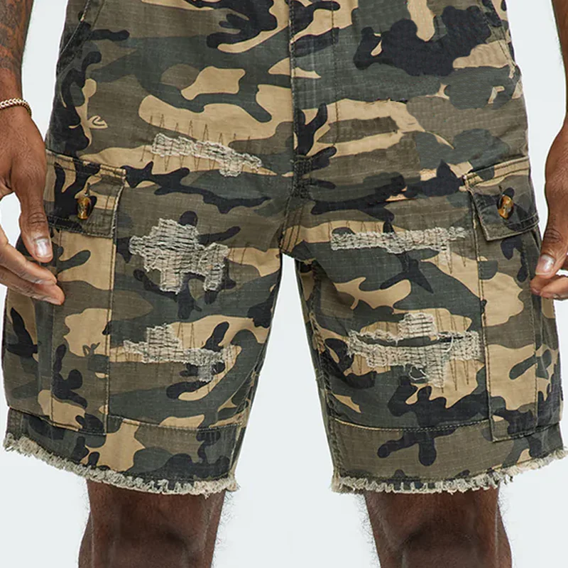 Warren | Men'S Spring And Summer Classic Casual Camouflage Cotton Blended Raw Edge Multi-Pocket Cargo Shorts - Image 5