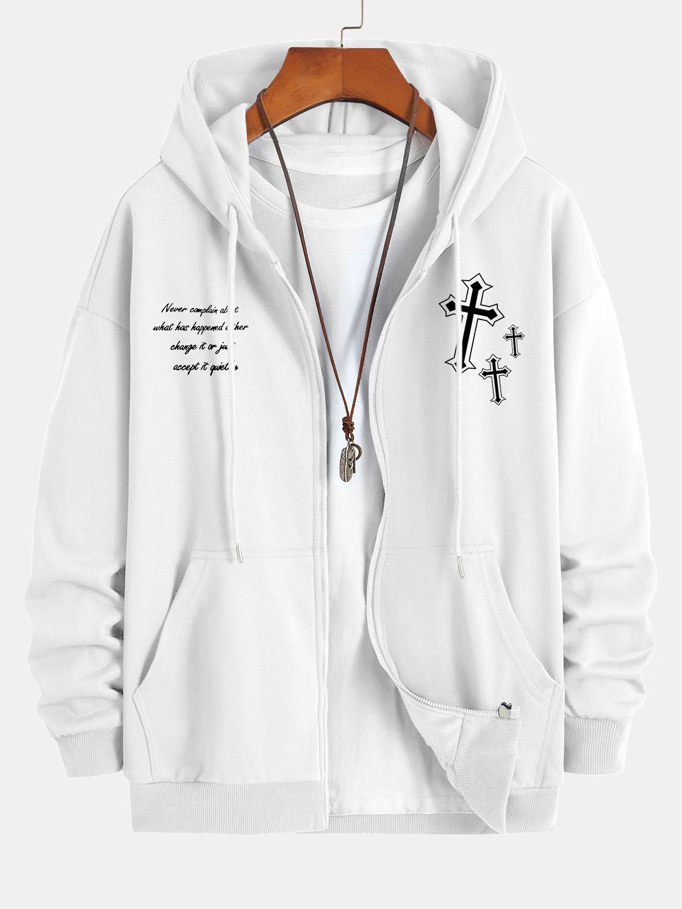 Waylon | Cross Slogan Print Relax Fit Zip Hoodie - Image 2
