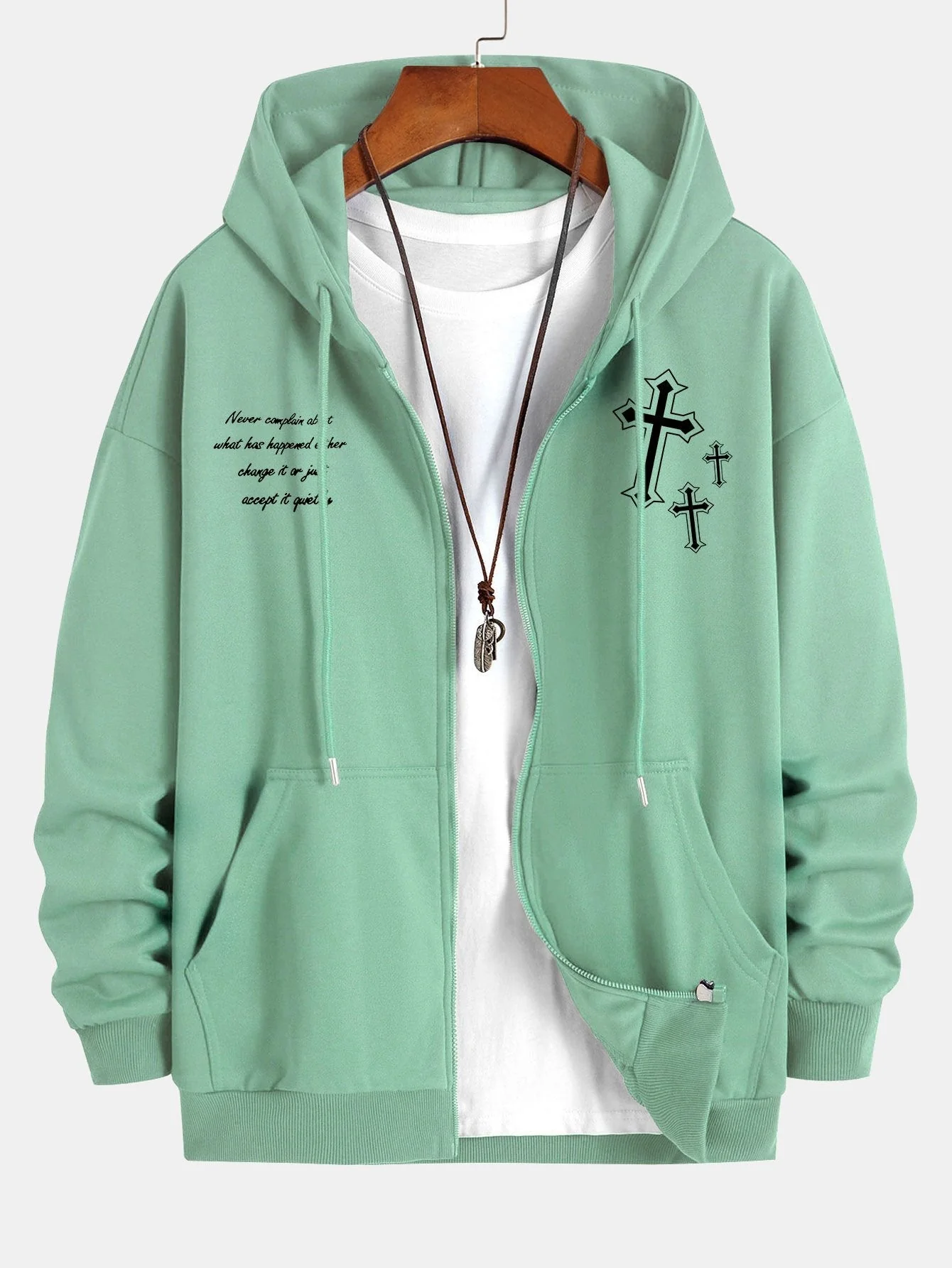 Waylon | Cross Slogan Print Relax Fit Zip Hoodie - Image 3