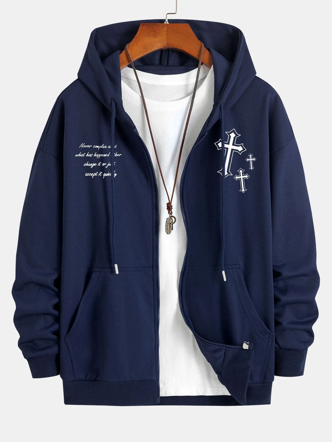 Waylon | Cross Slogan Print Relax Fit Zip Hoodie - Image 4