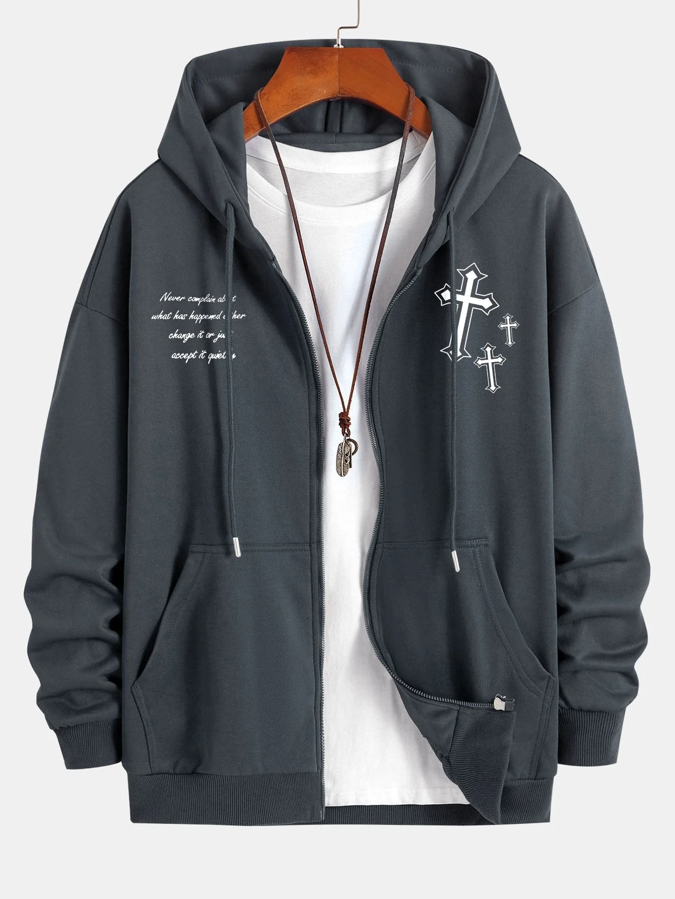 Waylon | Cross Slogan Print Relax Fit Zip Hoodie - Image 6