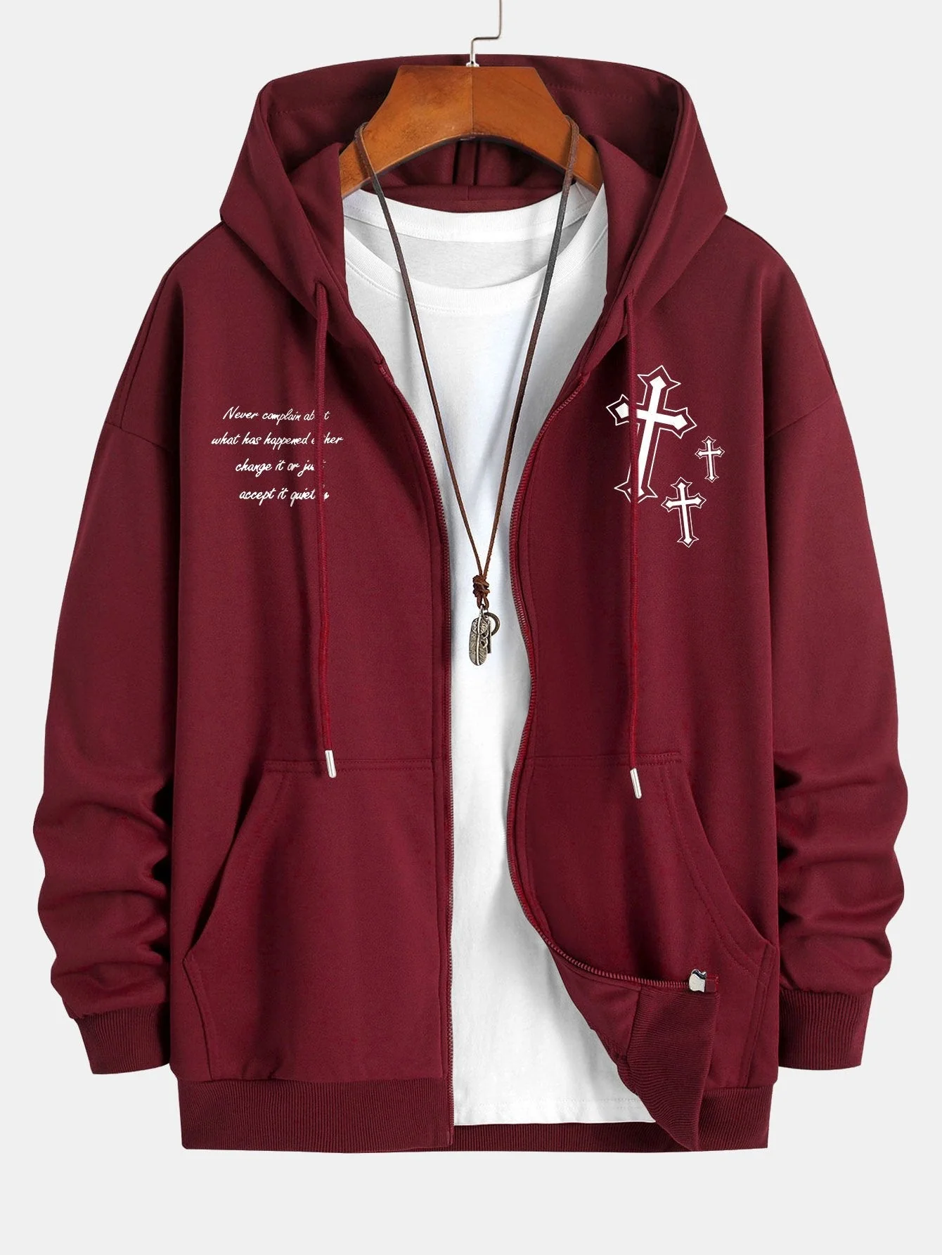 Waylon | Cross Slogan Print Relax Fit Zip Hoodie - Image 9