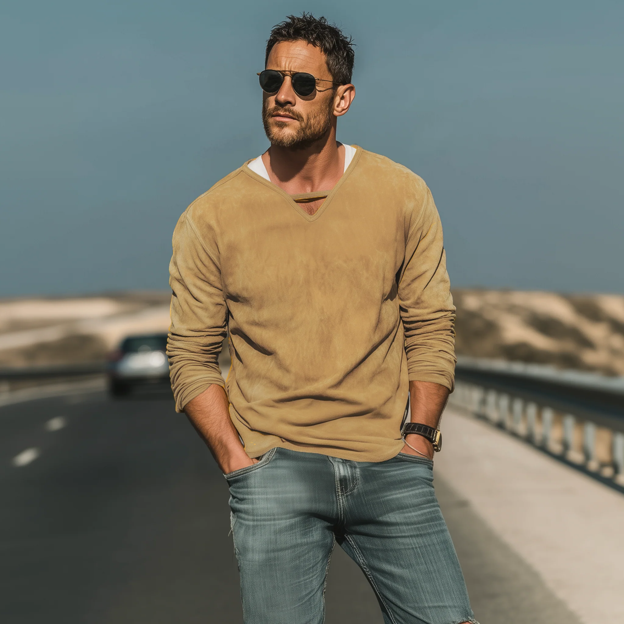 Wayne | Men'S Spring And Summer Fashion Casual Thin Suede V-Neck Loose Long-Sleeved T-Shirt - Image 3