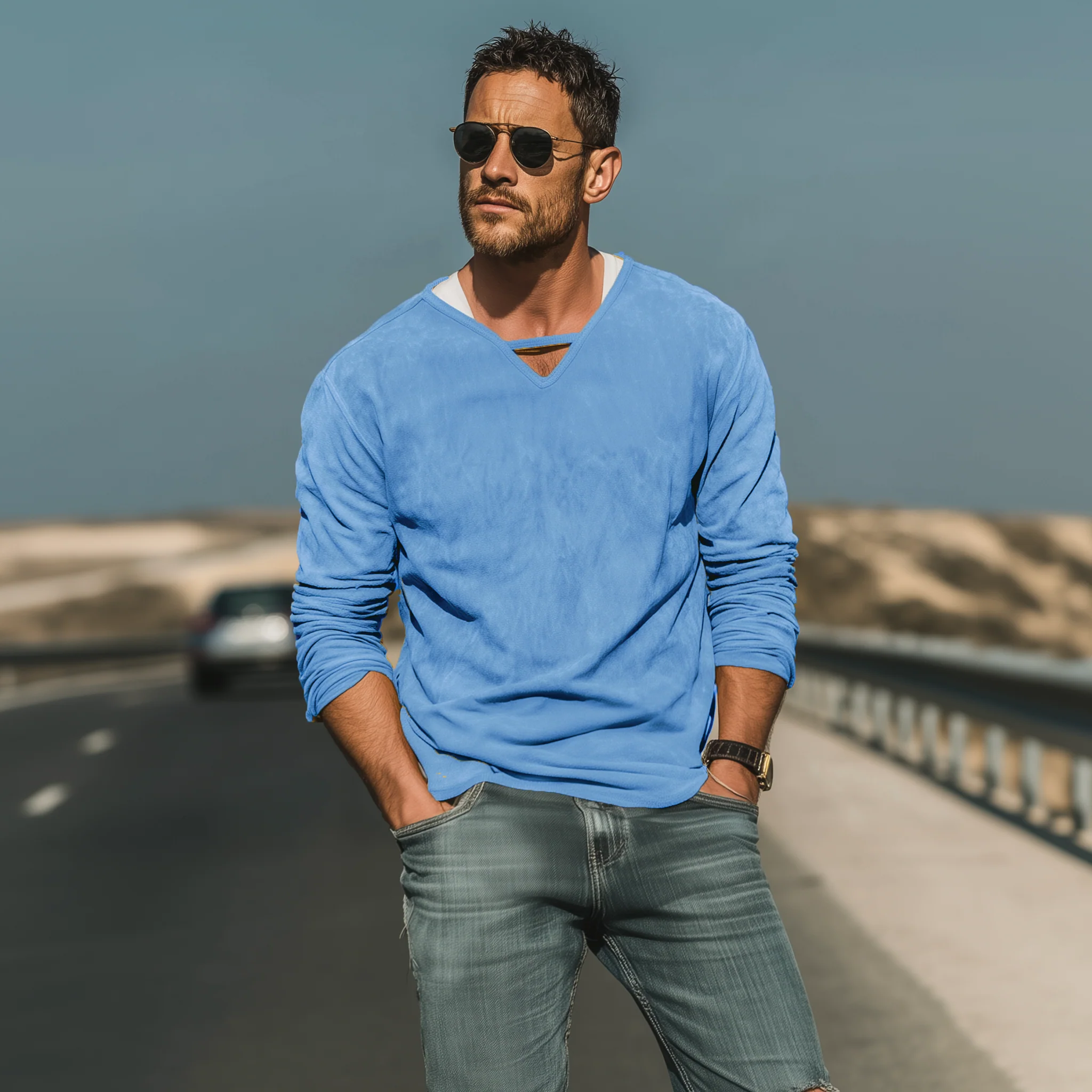 Wayne | Men'S Spring And Summer Fashion Casual Thin Suede V-Neck Loose Long-Sleeved T-Shirt - Image 4