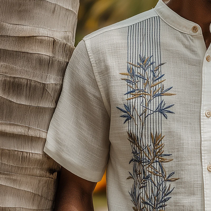 Wayne | Men'S Summer Fashion Leaf Embroidery Slub Linen Henley Collar Short Sleeve Shirt - Image 3