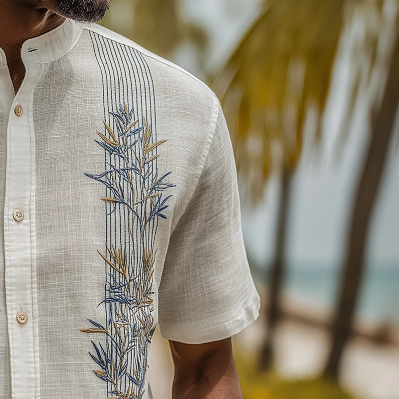 Wayne | Men'S Summer Fashion Leaf Embroidery Slub Linen Henley Collar Short Sleeve Shirt - Image 4
