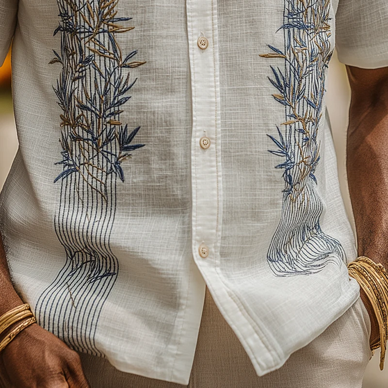 Wayne | Men'S Summer Fashion Leaf Embroidery Slub Linen Henley Collar Short Sleeve Shirt - Image 5
