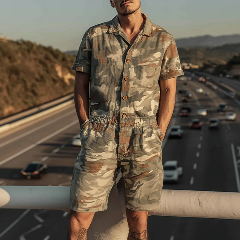 Wendell | Men'S Spring And Summer Fashion Casual Camouflage Cotton Blended Short Sleeve Shirt-Style Jumpsuit - Image 2