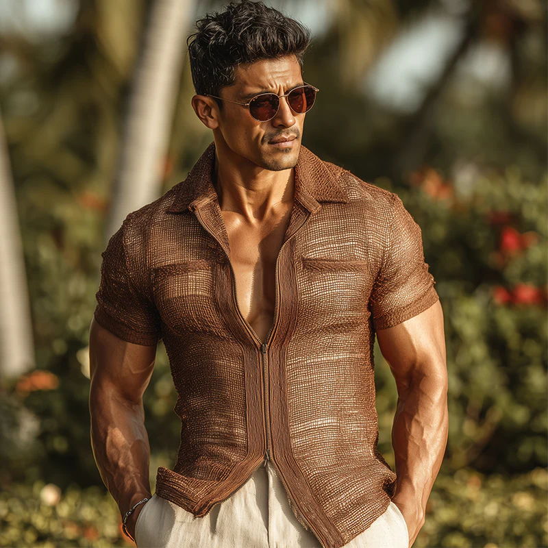 Wendell | Men'S Summer Fashion Zipper Mesh Short Sleeve Slim Shirt (With Lining) - Image 2