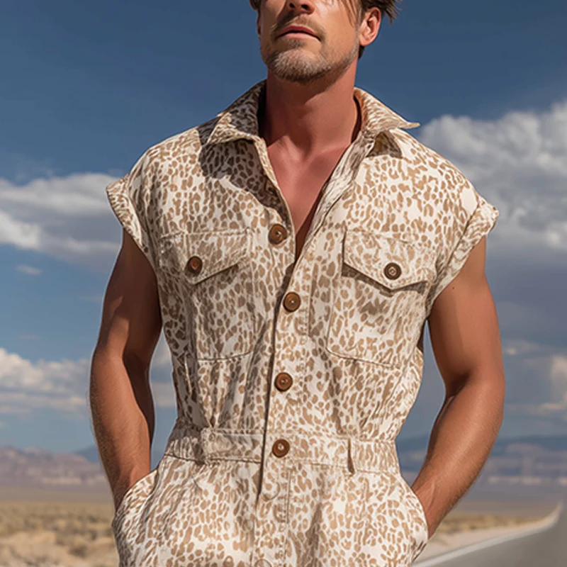 Wilbur | Men'S Spring And Summer Fashion Casual Cotton Blended Printed Multi-Pocket Shirt-Style Jumpsuit - Image 4