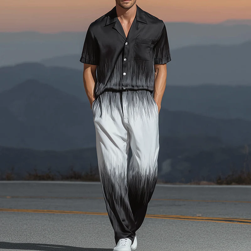 Wiley | Men'S Spring And Summer Fashion Casual Black And White Gradient Printed Satin Short Sleeve Shirt Pants Set - Image 2
