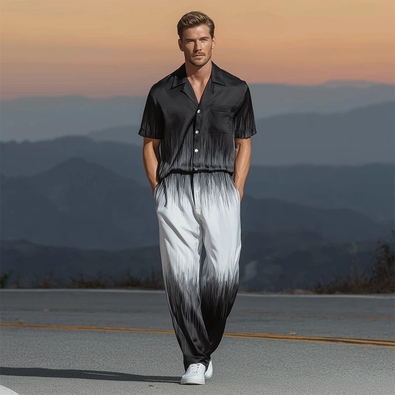 Wiley | Men'S Spring And Summer Fashion Casual Black And White Gradient Printed Satin Short Sleeve Shirt Pants Set - Image 3
