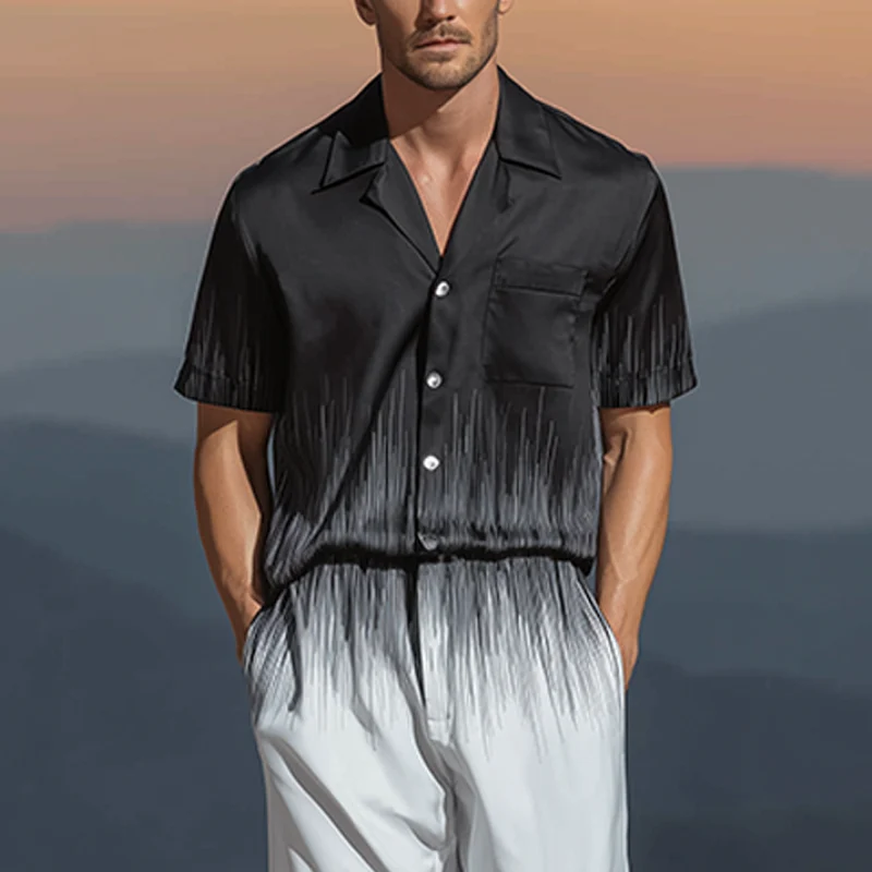 Wiley | Men'S Spring And Summer Fashion Casual Black And White Gradient Printed Satin Short Sleeve Shirt Pants Set - Image 4
