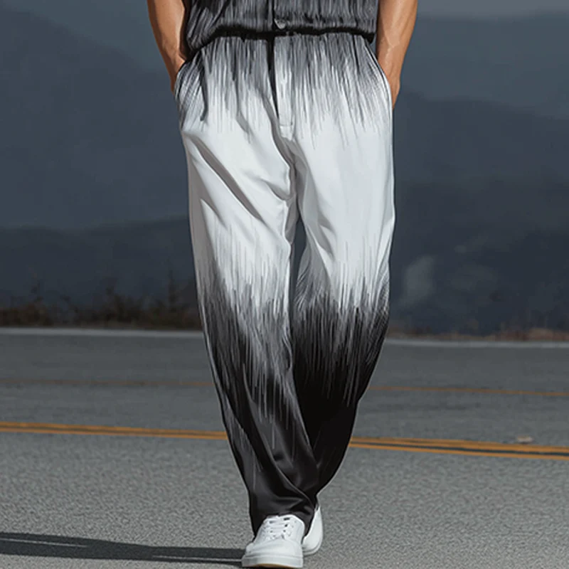 Wiley | Men'S Spring And Summer Fashion Casual Black And White Gradient Printed Satin Short Sleeve Shirt Pants Set - Image 5