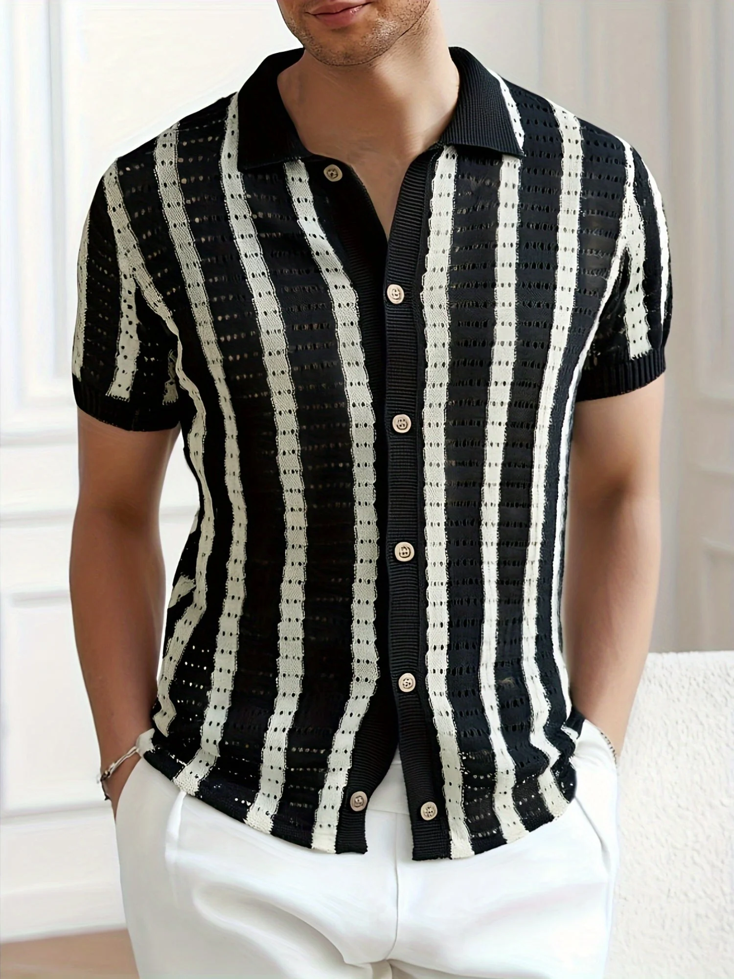 Wilfrido | Knit Striped Polo Shirt – Lightweight Hollow Style - Image 3