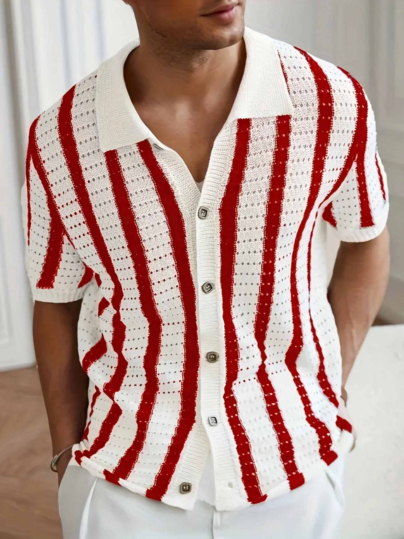 Wilfrido | Knit Striped Polo Shirt – Lightweight Hollow Style - Image 5