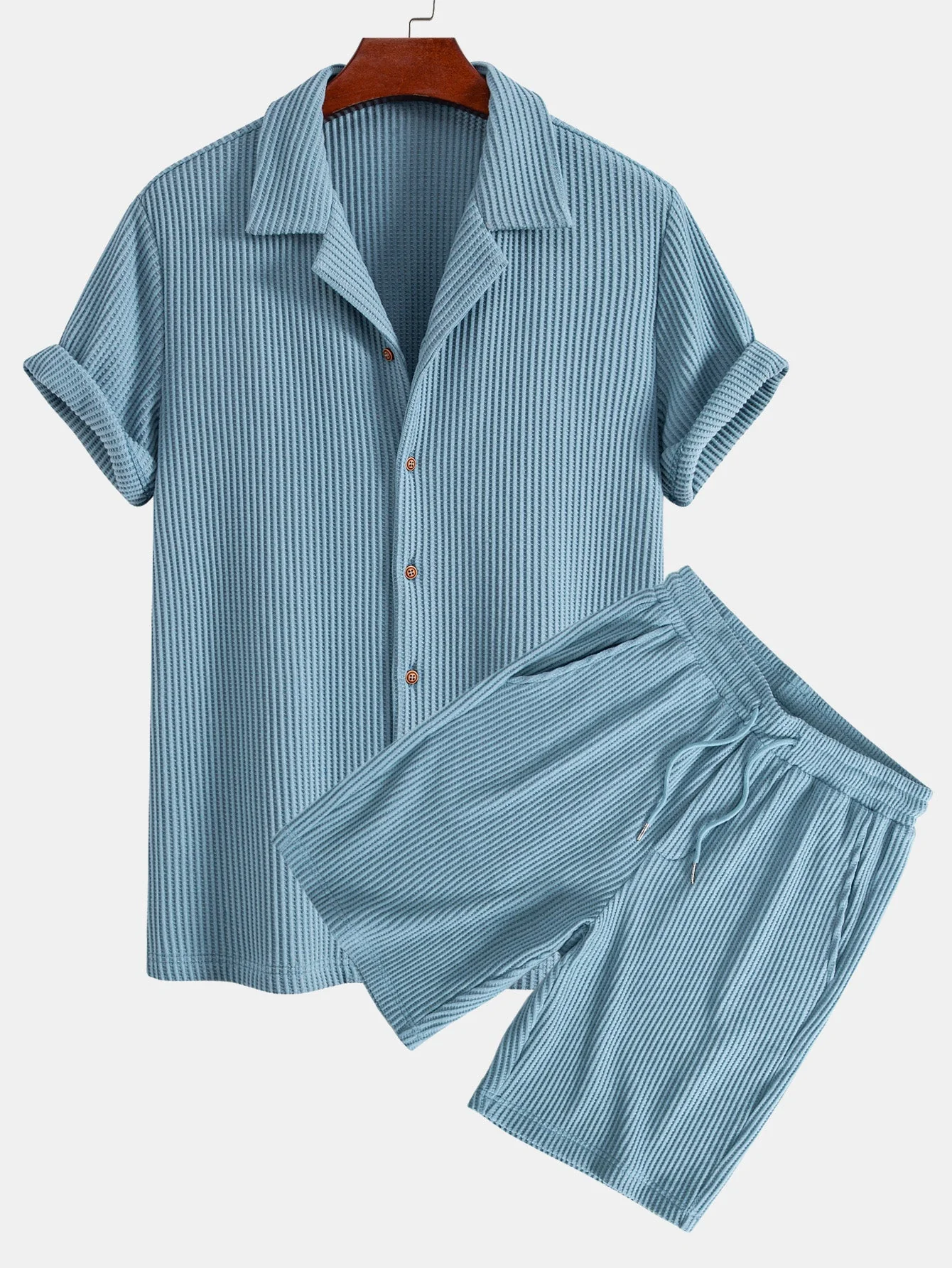 William® | Waffle Button Up Shirt & Drawstring Knitted Waffle Shorts - Image 2