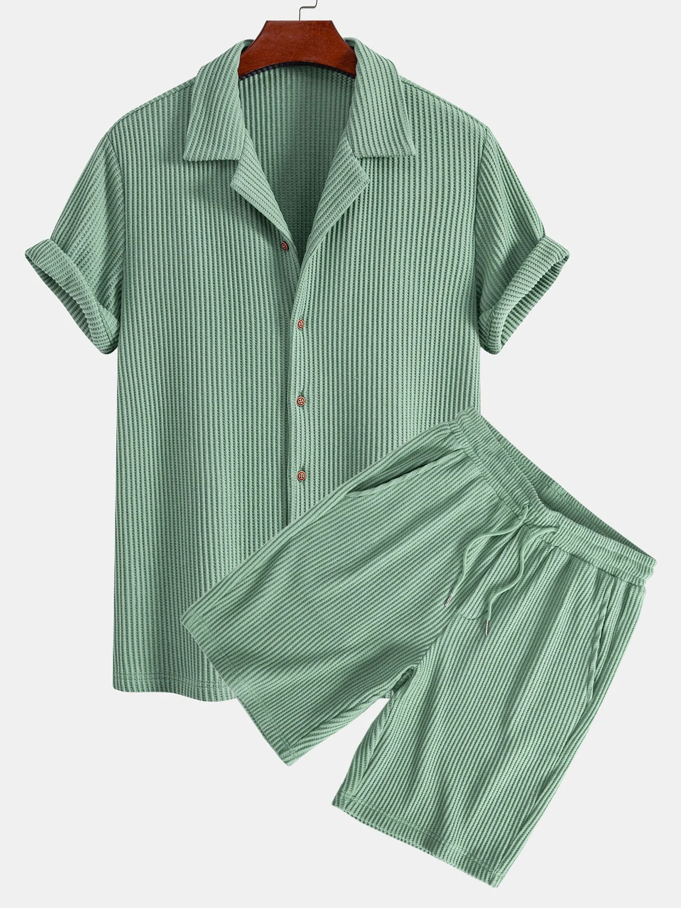 William® | Waffle Button Up Shirt & Drawstring Knitted Waffle Shorts - Image 3