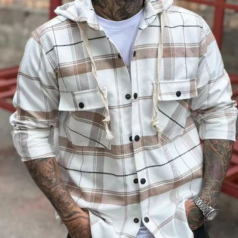 William | Men'S Spring/Autumn Classic Plaid Hooded Snap-Button Jacket - Image 2