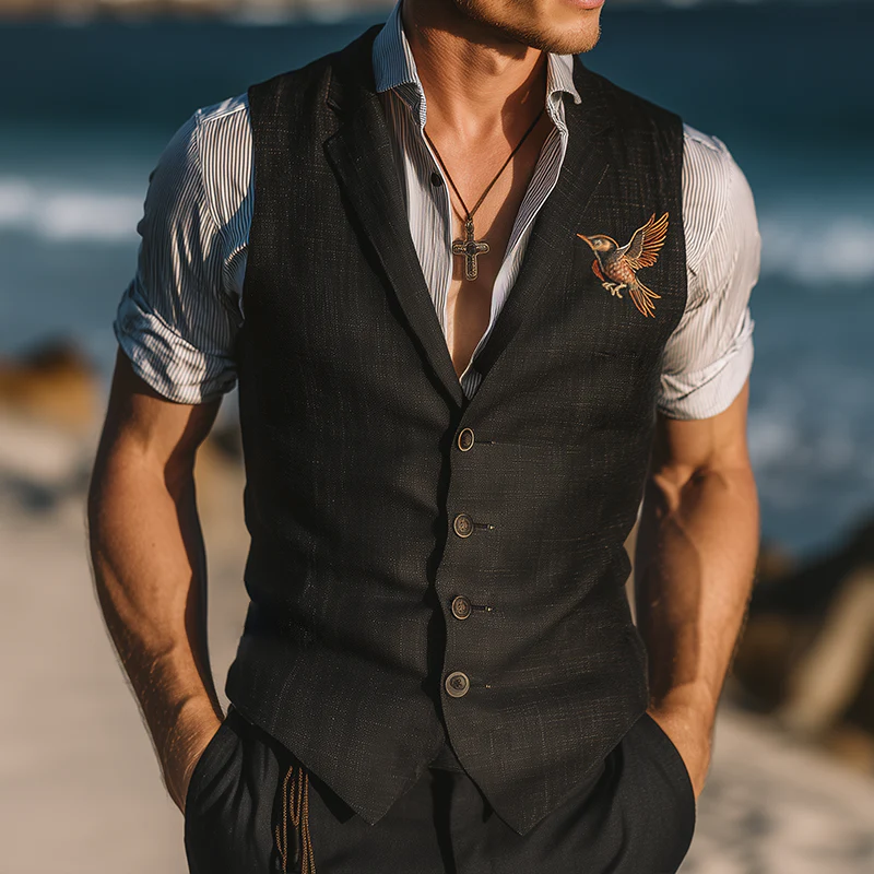 Willie | Men'S Vintage Casual Hummingbird Embroidered Linen Vest - Image 2