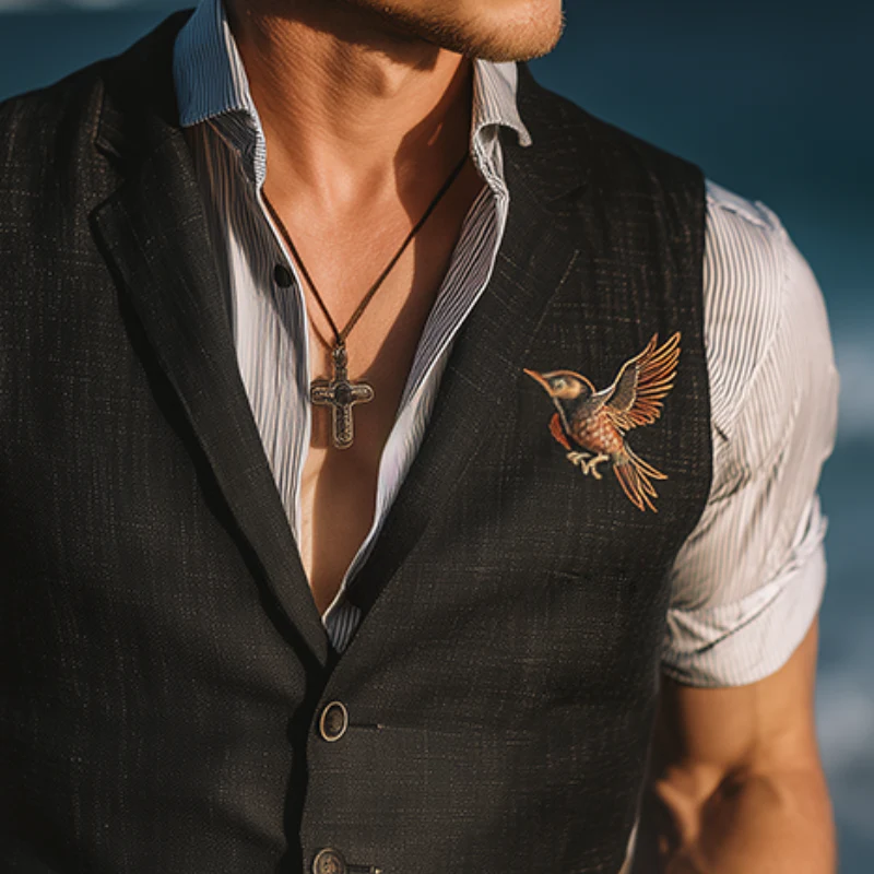 Willie | Men'S Vintage Casual Hummingbird Embroidered Linen Vest - Image 3