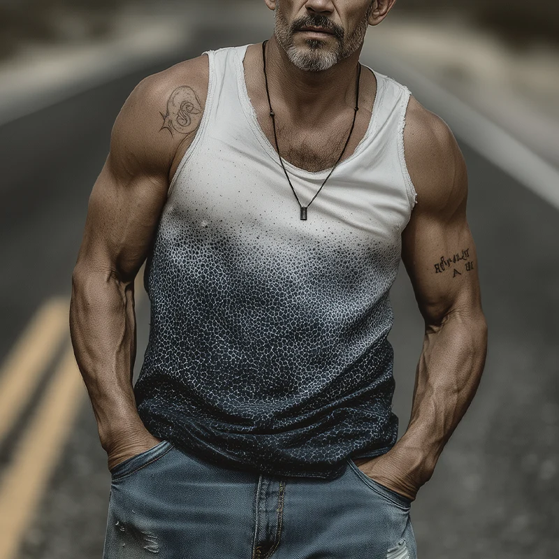 Willis | Men'S Spring And Summer Fashion Casual Art Print U-Neck Cuffs Raw Edge Cotton Blended Tank Top - Image 2