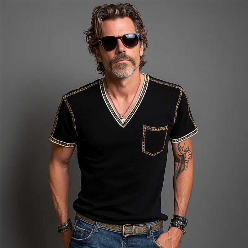 Xavier | Men'S Casual Contrast Color V-Neck Cotton Blended Short Sleeve T-Shirt - Image 4