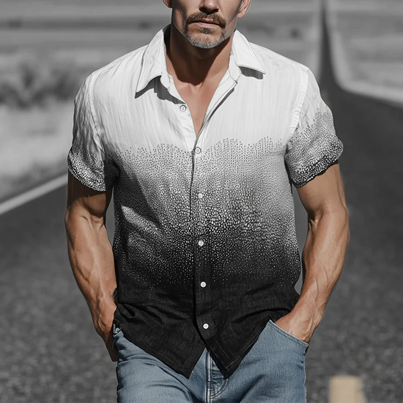 Yancy | Men'S Spring And Summer Fashion Casual Cotton Blended Art Print Gradient Short Sleeve Shirt - Image 2