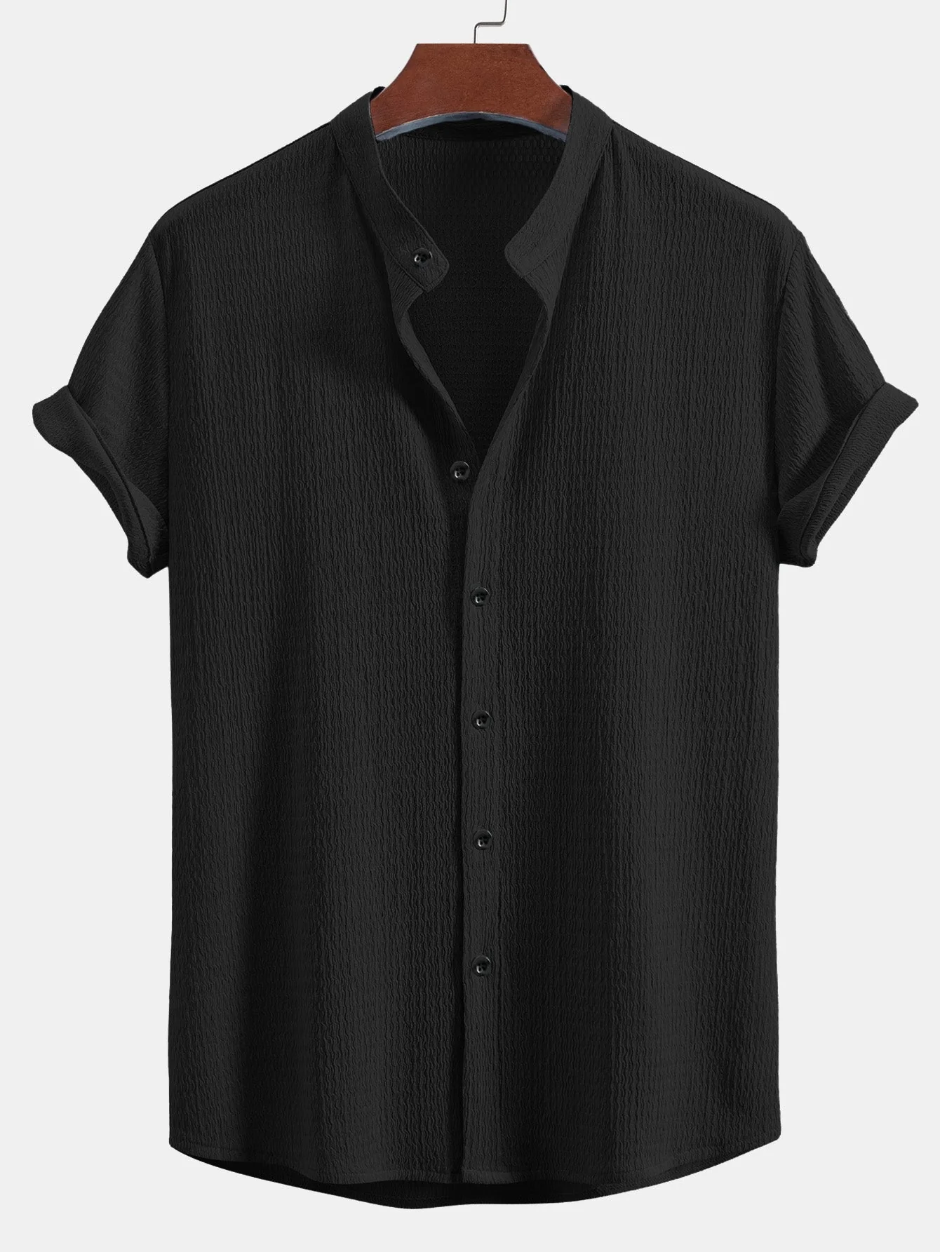 Yaxkin® | Muscle Fit Wrinkled Textured Stand Collar Shirt - Image 3