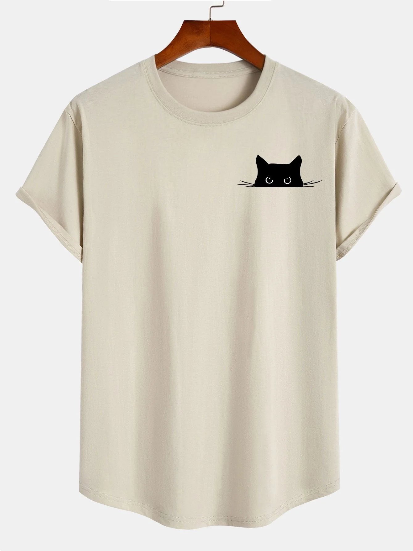 Yerai® | Black Cat Print Cotton Arc Hem T-Shirt - Image 2