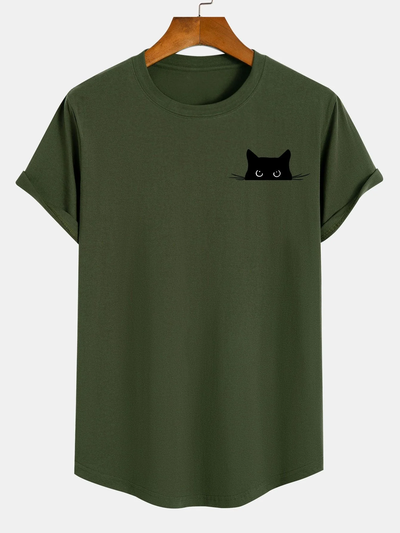 Yerai® | Black Cat Print Cotton Arc Hem T-Shirt - Image 3