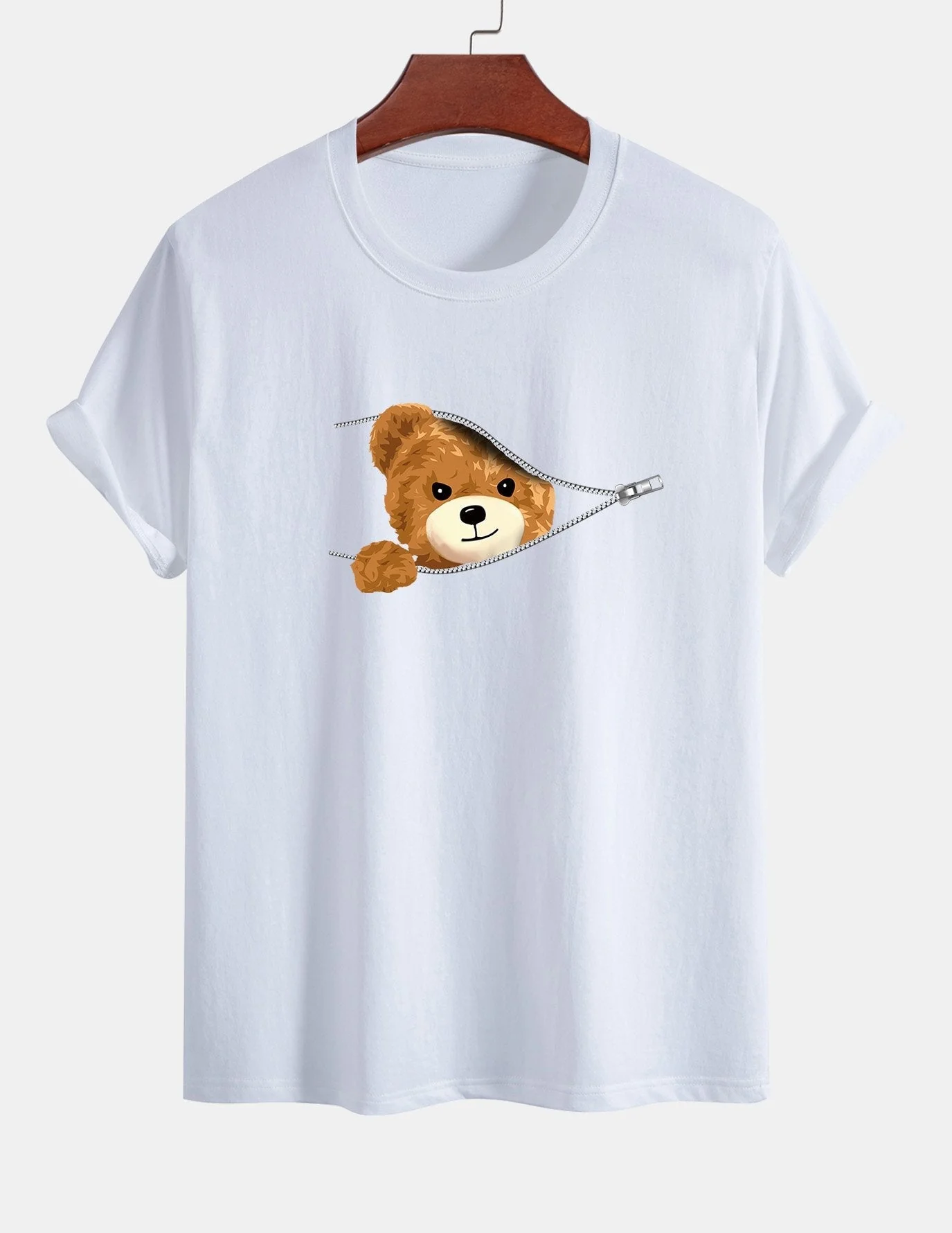 Yeray® | Zipper Bear Print Cotton T-Shirt - Image 2
