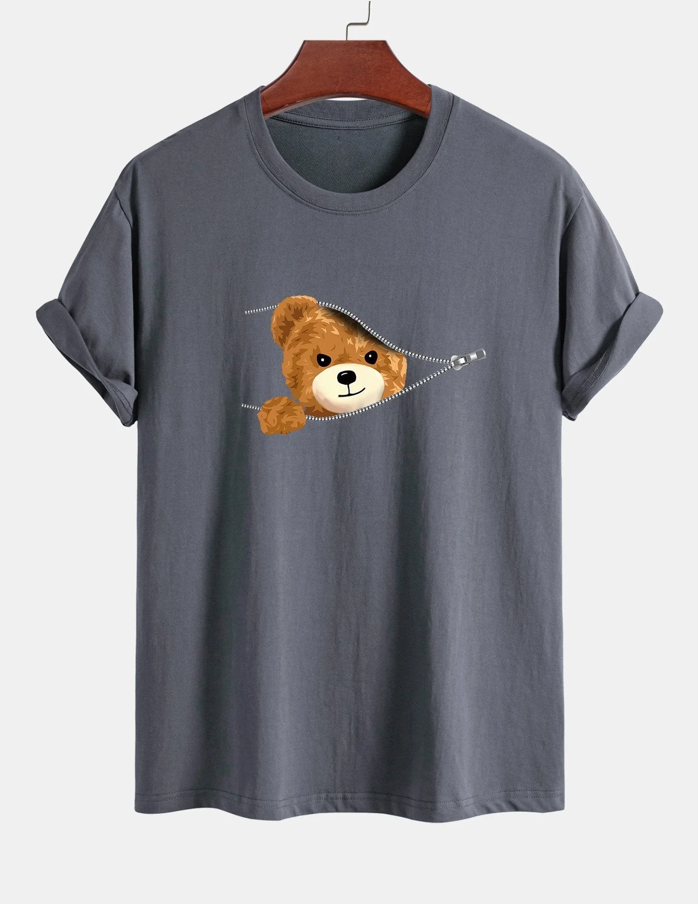 Yeray® | Zipper Bear Print Cotton T-Shirt - Image 7
