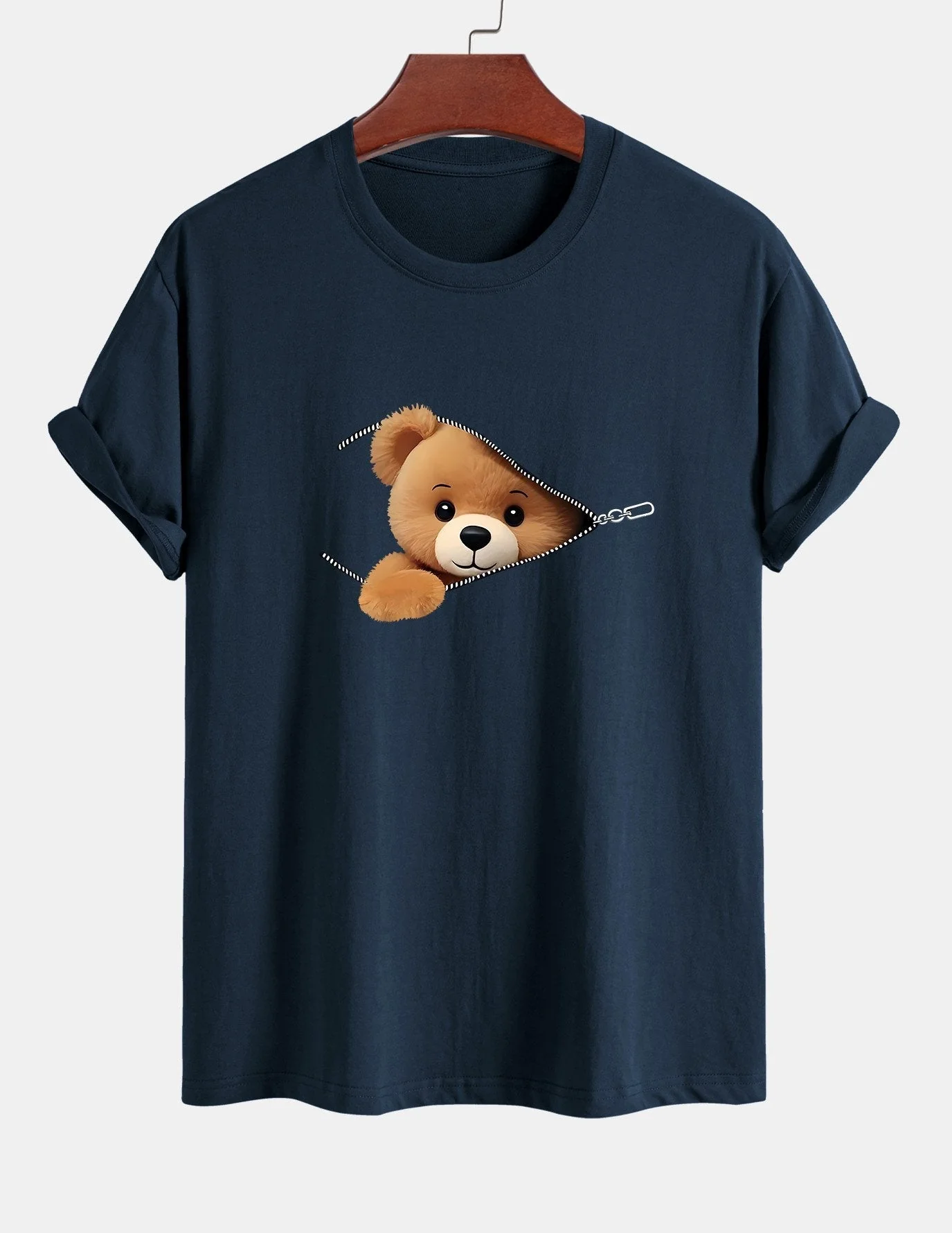 Yeshayahu® | Zipper Bear Print Cotton T-Shirt - Image 3