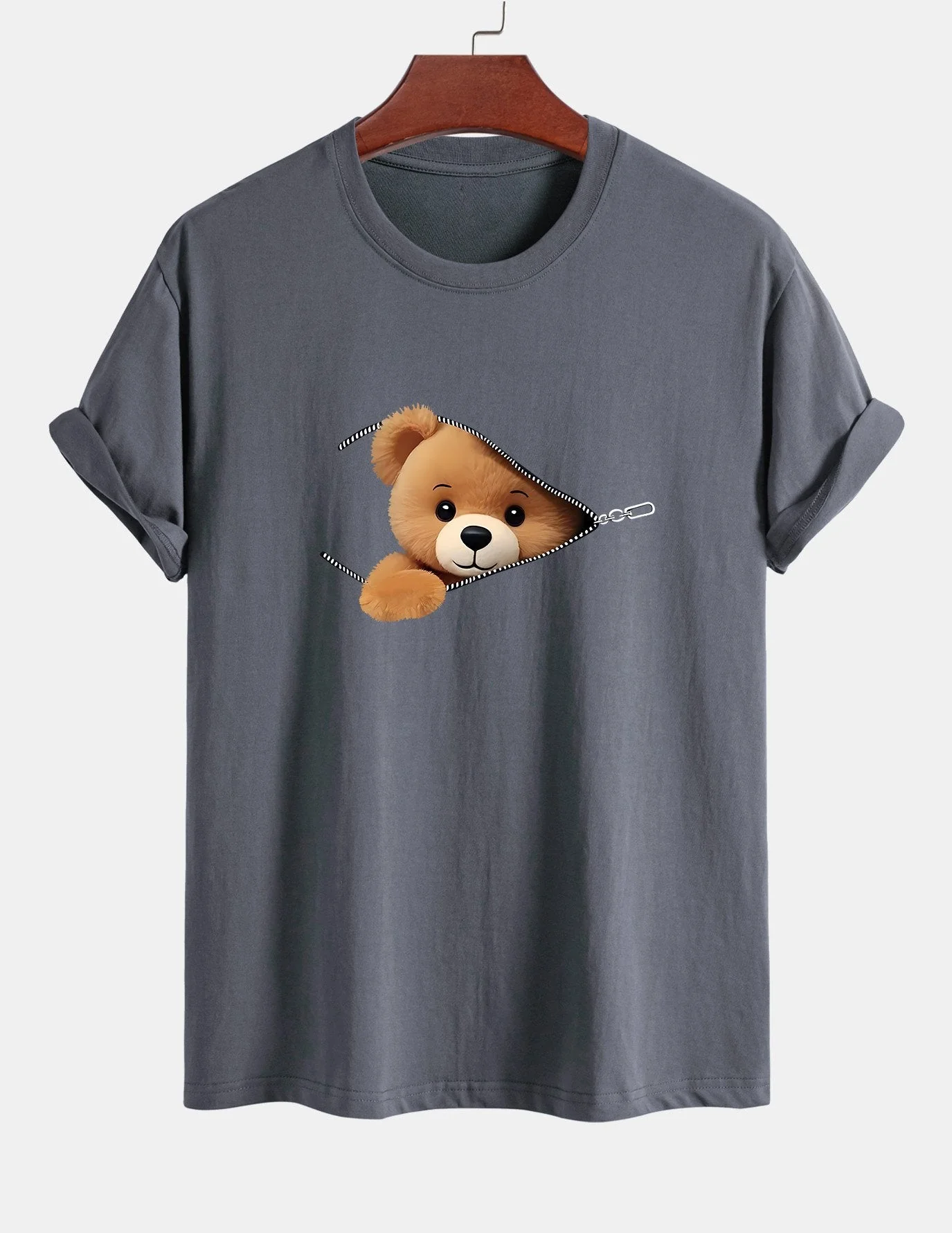 Yeshayahu® | Zipper Bear Print Cotton T-Shirt - Image 5