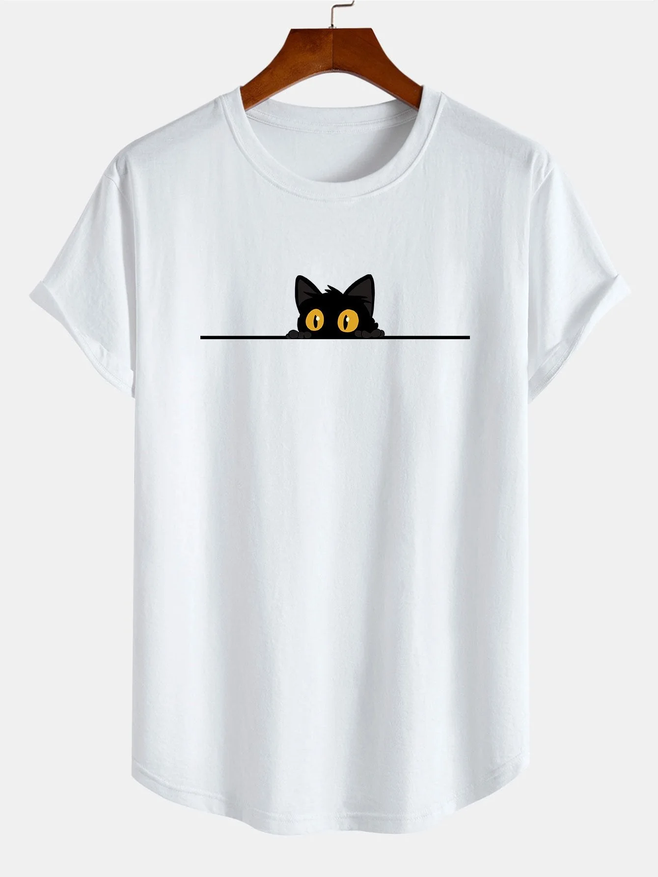Yonathan® | Black Cat Print Cotton Arc Hem T-Shirt - Image 2