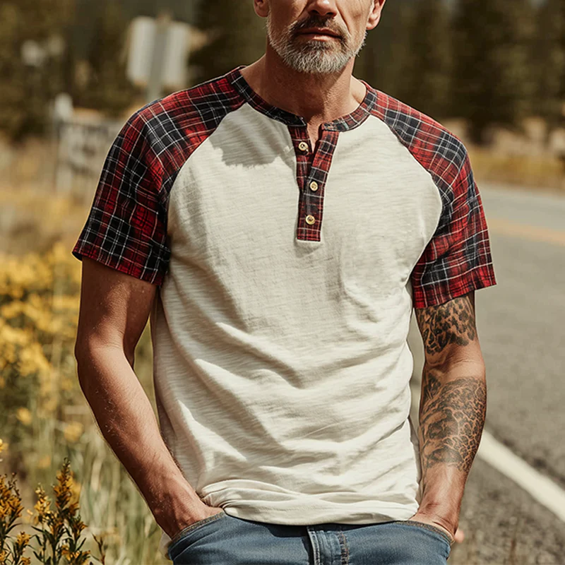 Yves | Men'S Spring And Summer Fashion Casual Bamboo Cotton Splicing Plaid Henry Collar Short Sleeve T-Shirt - Image 2