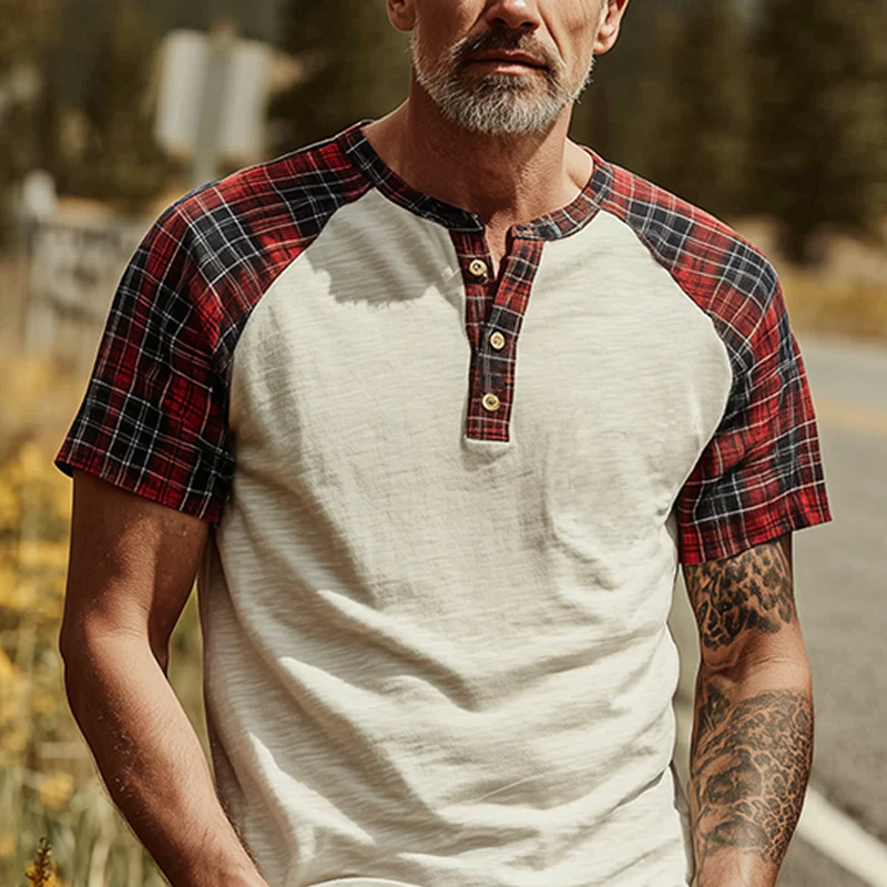 Yves | Men'S Spring And Summer Fashion Casual Bamboo Cotton Splicing Plaid Henry Collar Short Sleeve T-Shirt - Image 4