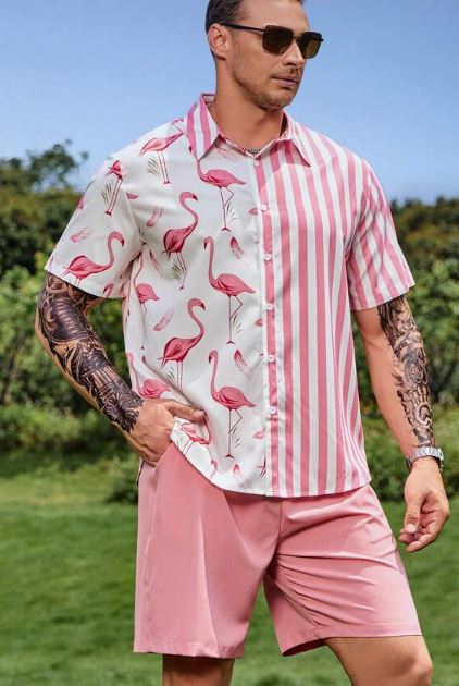 Zachary® | Men'S Shirt And Shorts Set With Flamingo And Stripe Graphic Print - Image 2