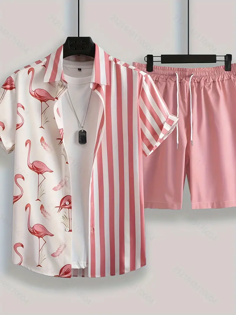 Zachary® | Men'S Shirt And Shorts Set With Flamingo And Stripe Graphic Print - Image 3