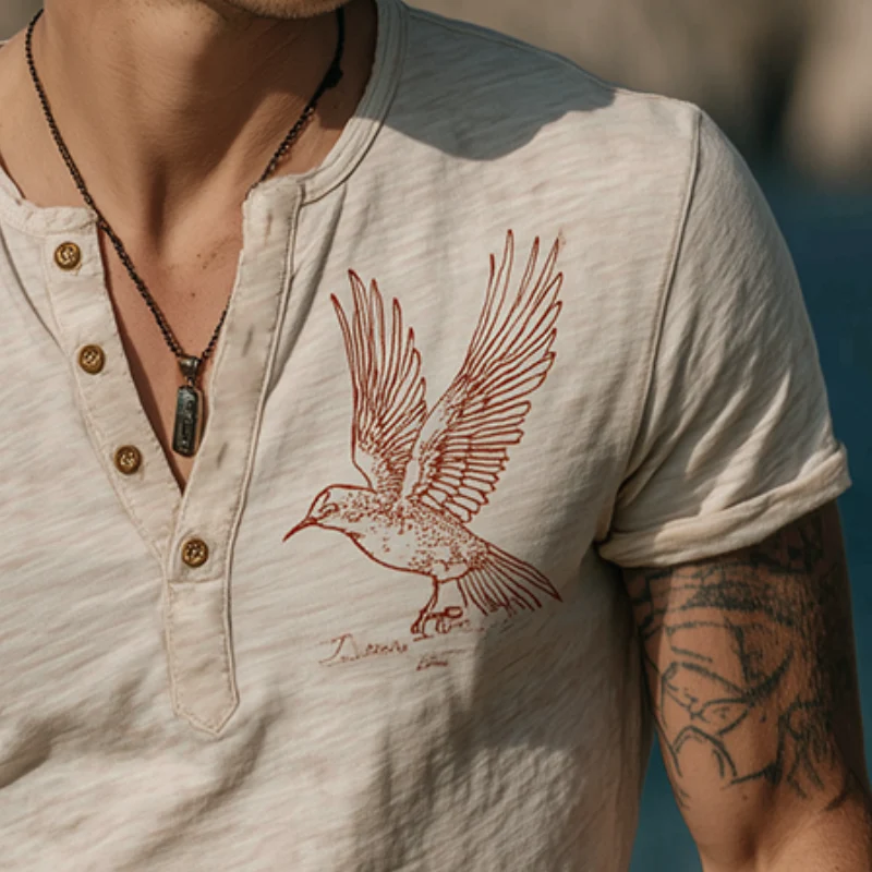 Zachary | Men'S Vintage Casual Cotton Hummingbird Print Henley Short Sleeve T-Shirt - Image 3